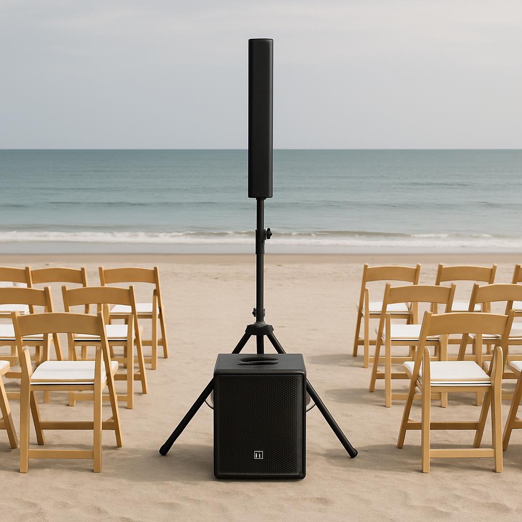 A portable speaker system setup on a beach, featuring a speaker and wireless microphone.