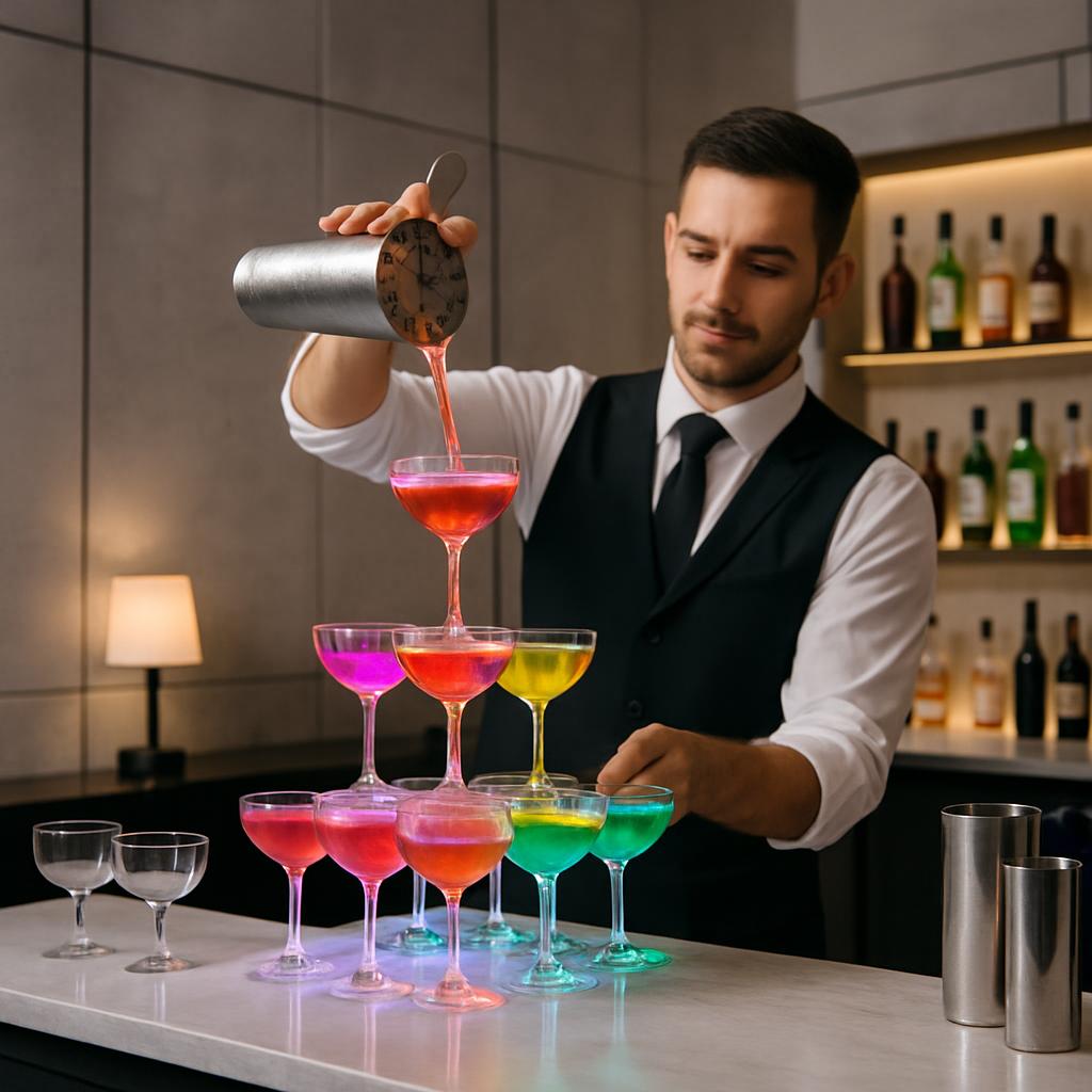 Man in a bar pouring a cocktail into a stack of glasses